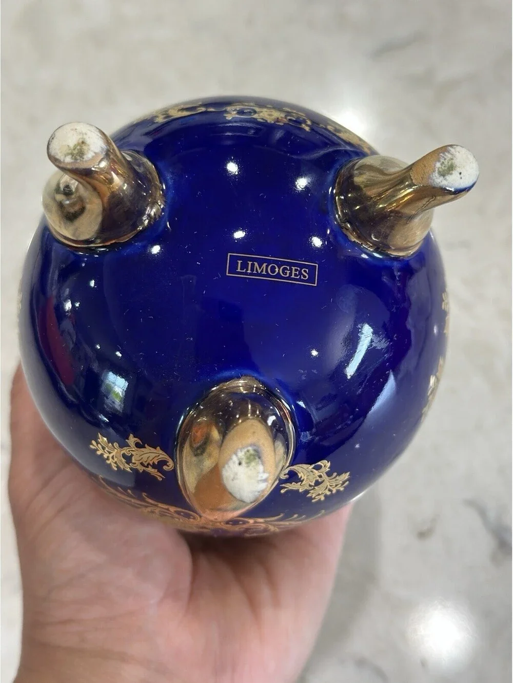Vintage Limoges French Cobalt Blue Footed Egg Vase With 18k Or 22k Gold Accent